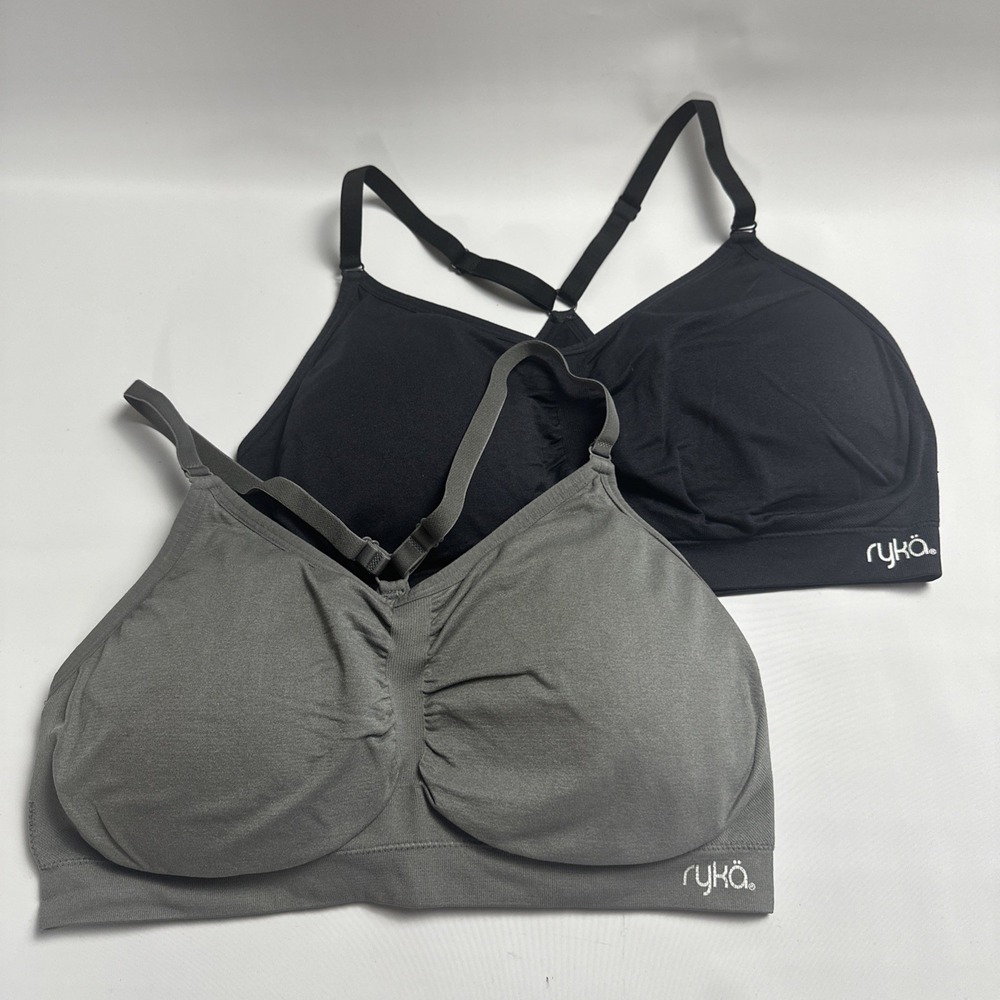 Ryka Sports Bra Lot XL Black Gray Seamless Wireless Padded Yoga Workout 2 Pack
